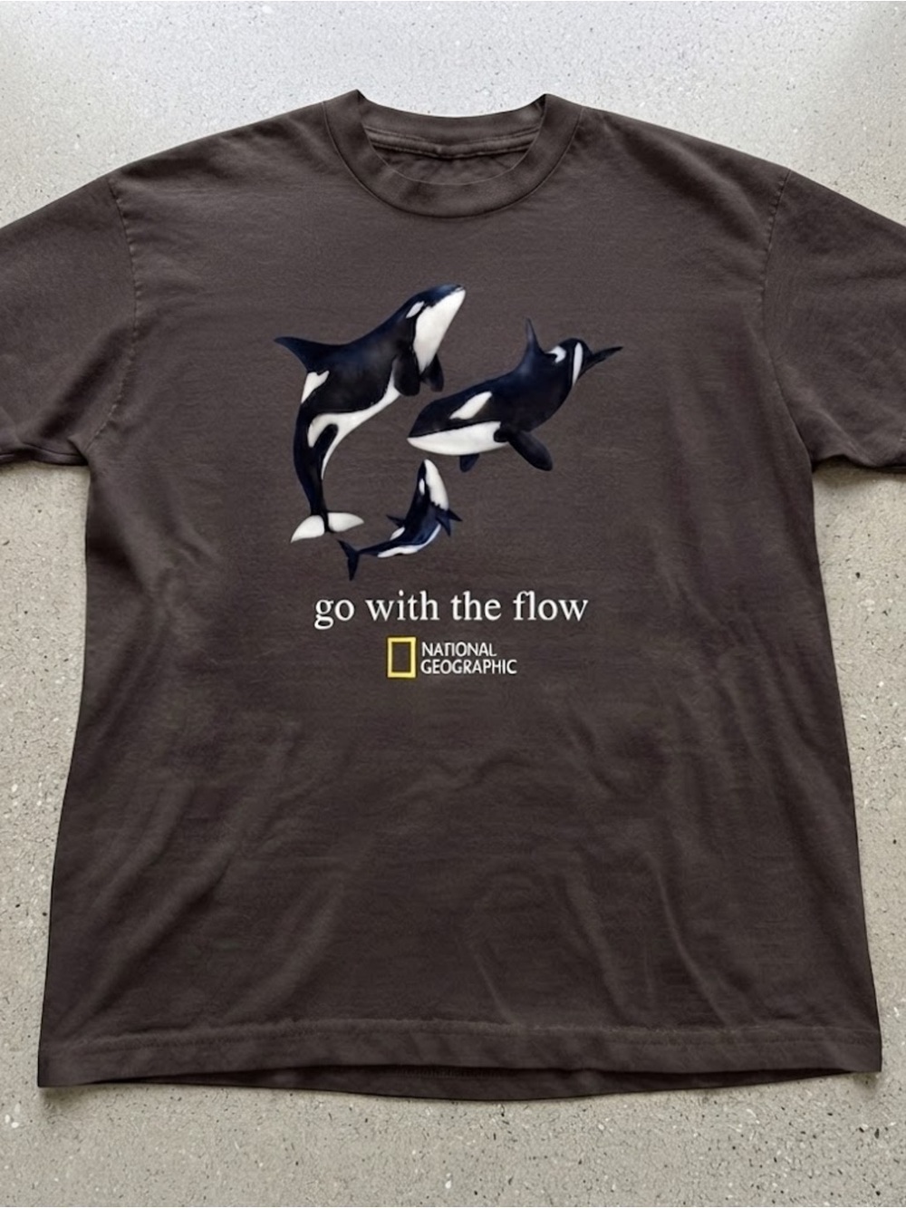 National Geographic Brown Graphic Gildan T‑Shirt with Black and White Orcas